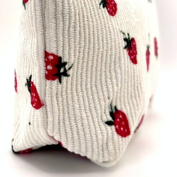 Cream Corduroy Strawberries Strawberry Pattern Zippered Pouch Makeup Travel Bag - Picture 4 of 5